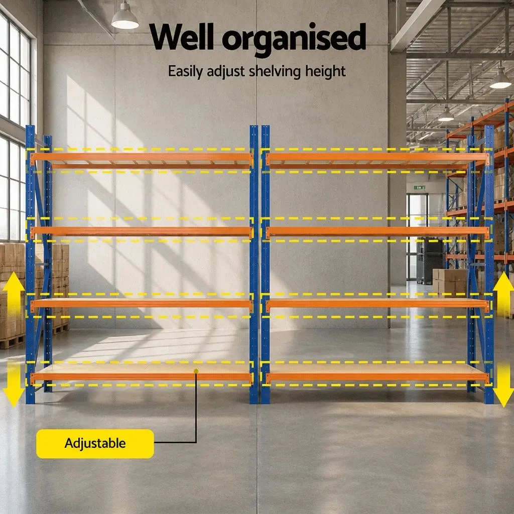 Warehouse Storage Rack Orange Blue 4M x 2.4M Adjustable Heavy Duty Steel Shelving Unit
