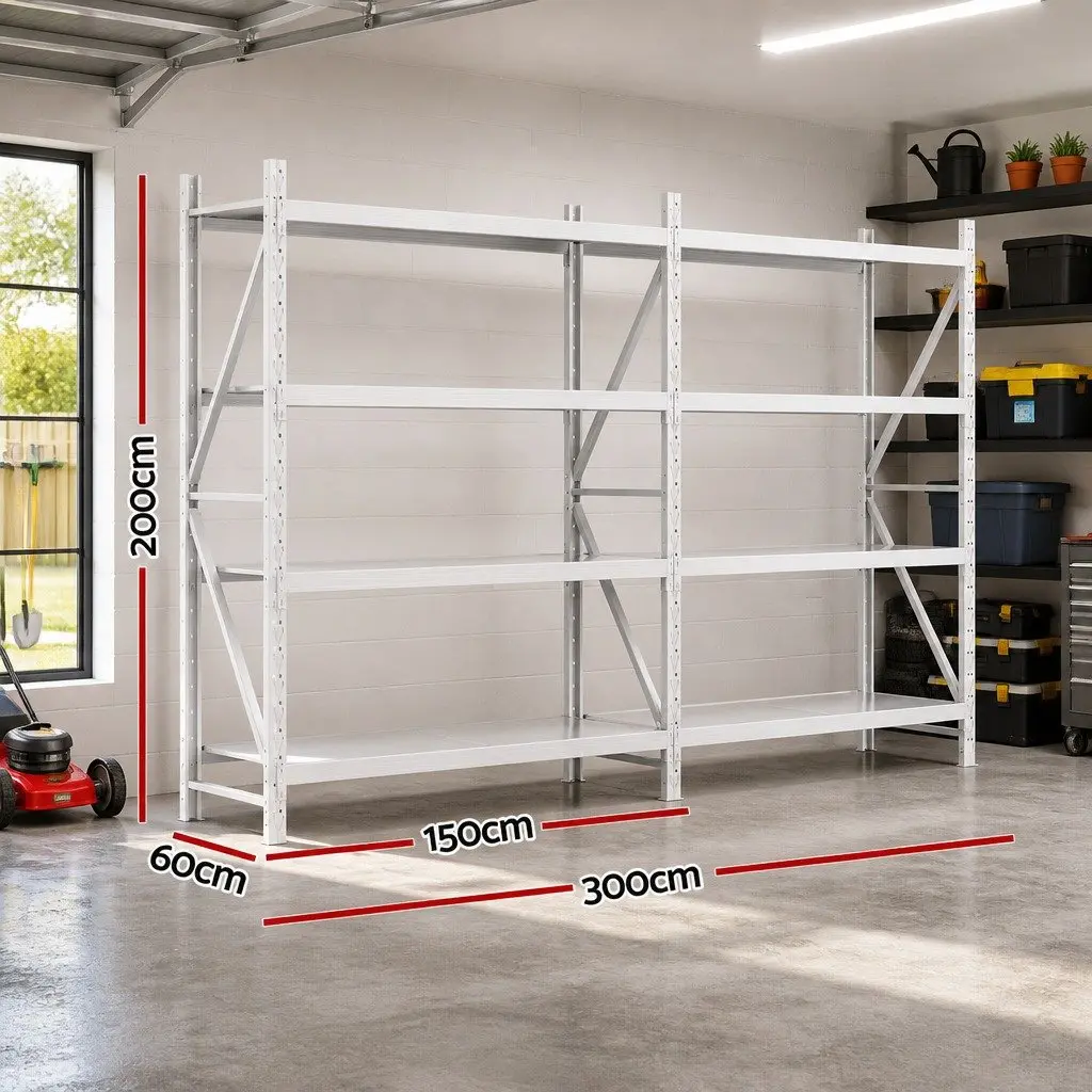 Garage Shelving Unit White 3m x 2m Heavy-Duty Steel Storage Rack Adjustable Shelves