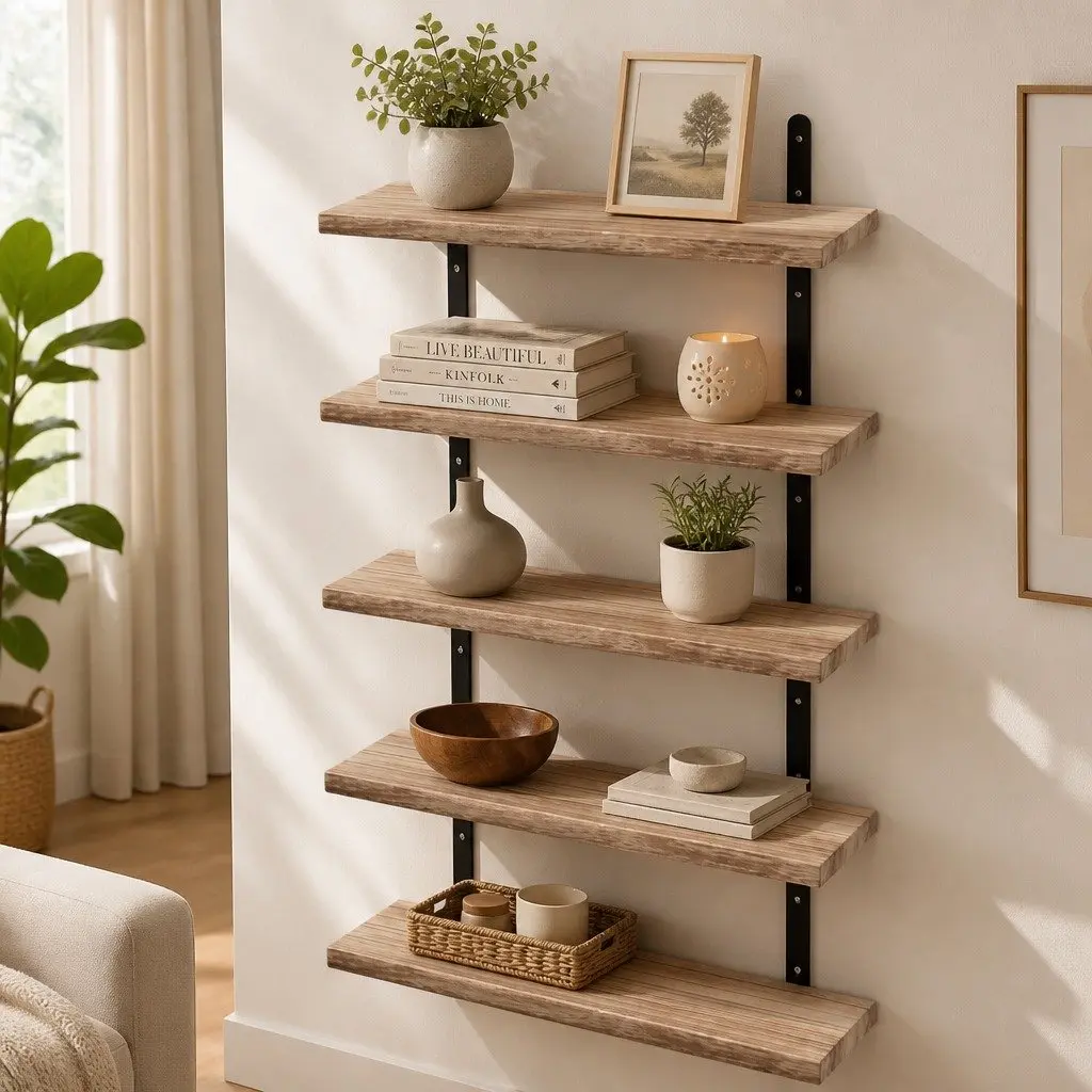 Floating Wall Shelves Brown 5 Piece Wood Wall Mounted Storage Display Rack