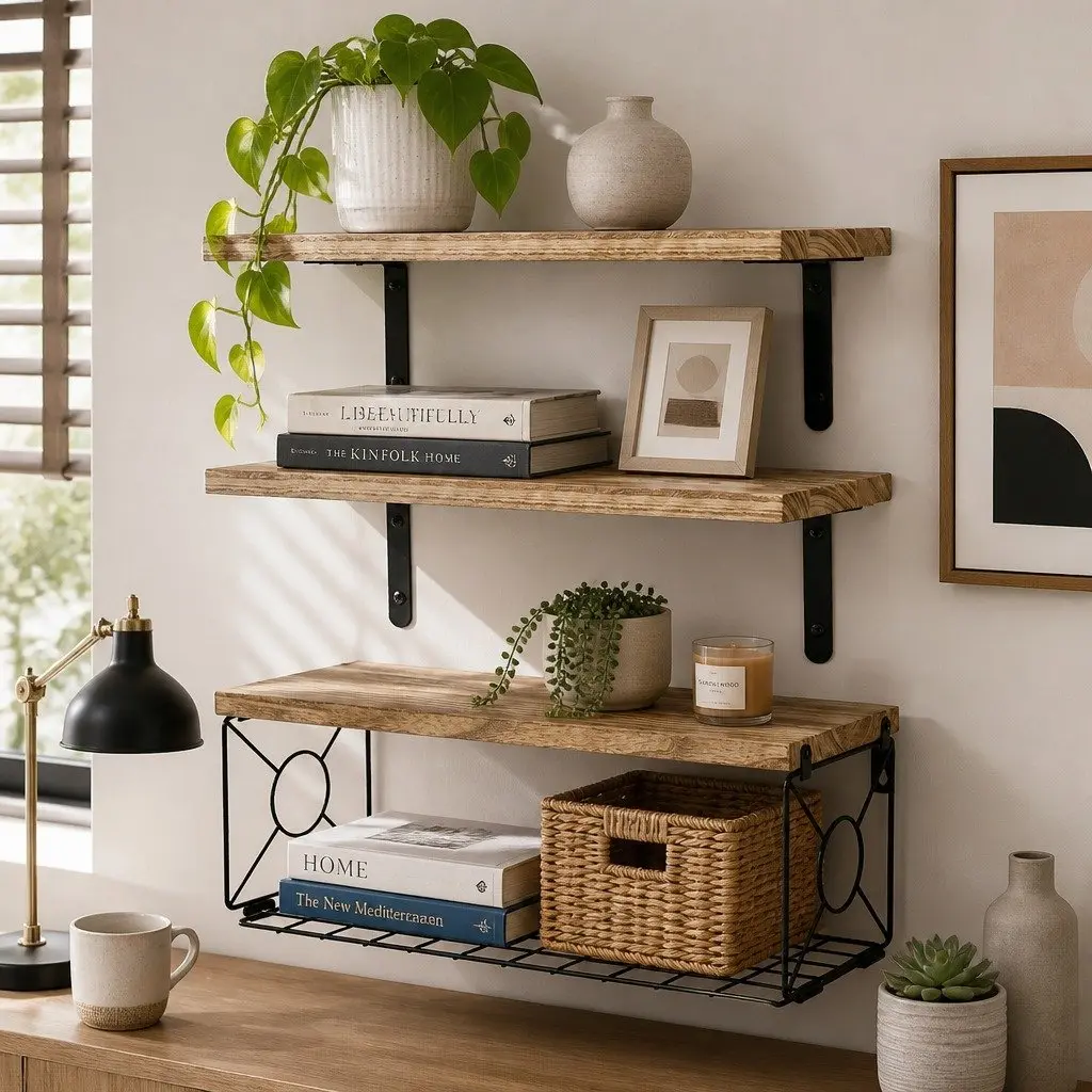 Floating Wall Shelves Set Brown 3 Piece DIY Wall Mount Display Storage Basket