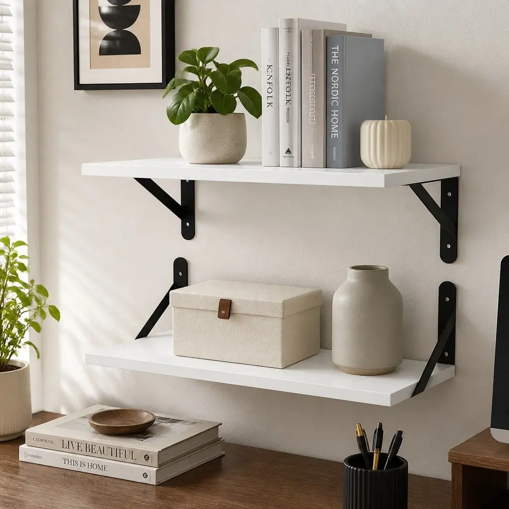 Floating Wall Shelves White 39.5cm Deep Mounted Display Storage 2 Pieces