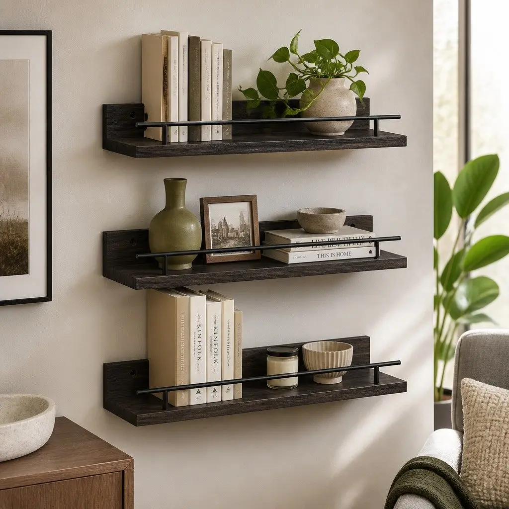 Floating Wall Shelves with Guard Rail Set of 3
