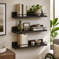 Floating Wall Shelves Set of 3 Wall Mounted Storage Display Rack with Guard Rail