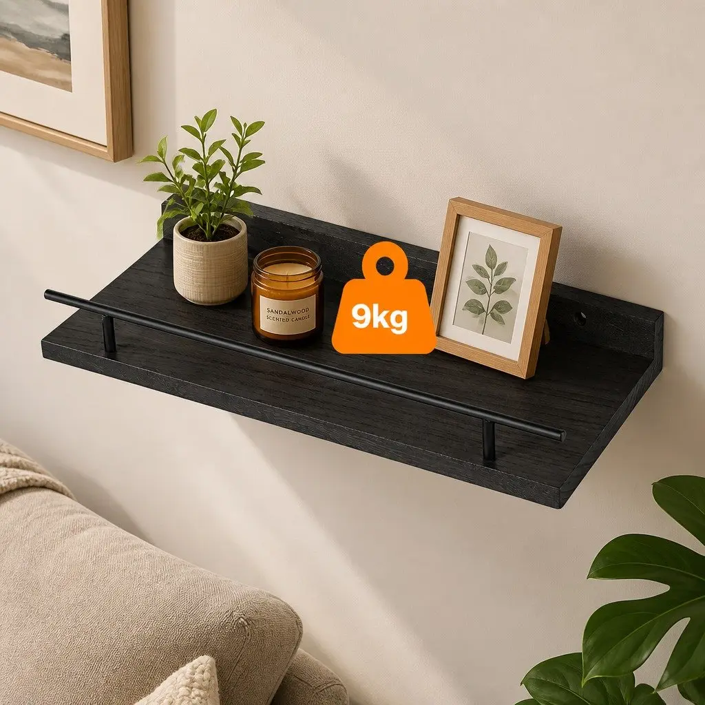 Floating Wall Shelves Black 40cm Set of 3 Wall Mounted Storage Display Rack with Guard Rail