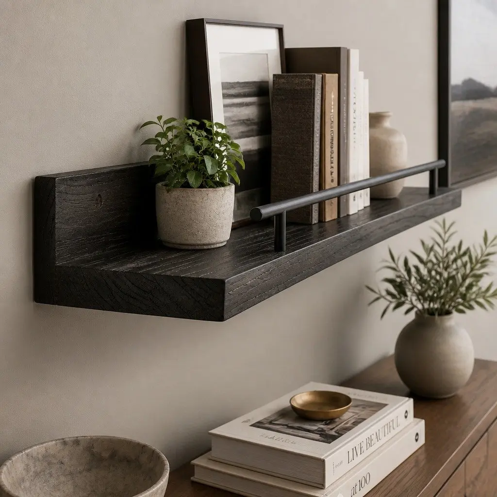 Floating Wall Shelves Black 40cm Set of 3 Wall Mounted Storage Display Rack with Guard Rail