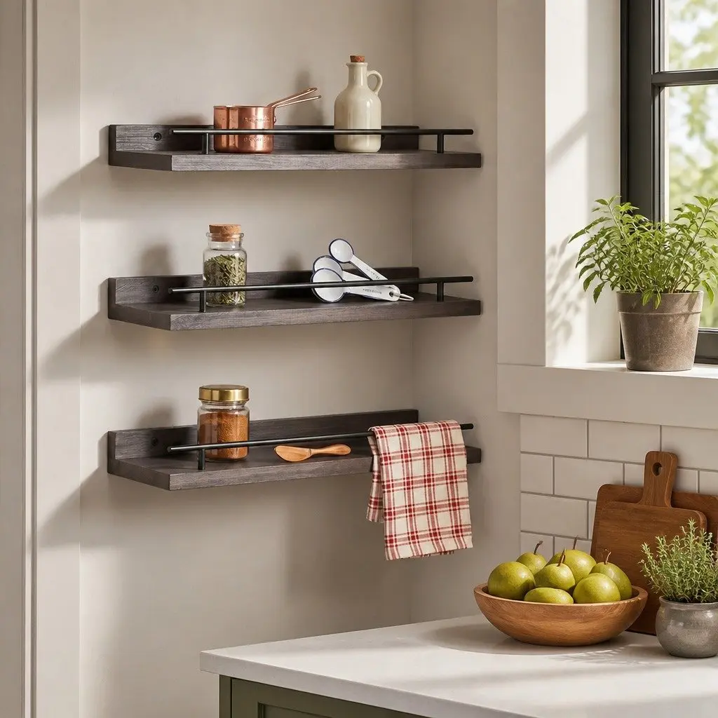 Floating Wall Shelves Black 40cm Set of 3 Wall Mounted Storage Display Rack with Guard Rail