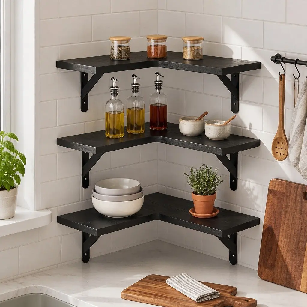 Corner Floating Shelves Black 3 Piece L-Shaped Wall-Mounted Storage for Kitchen Living Room