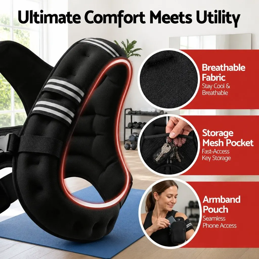 Weighted Vest Black 3kg Adjustable Reflective Safety Straps Smartphone Pouch