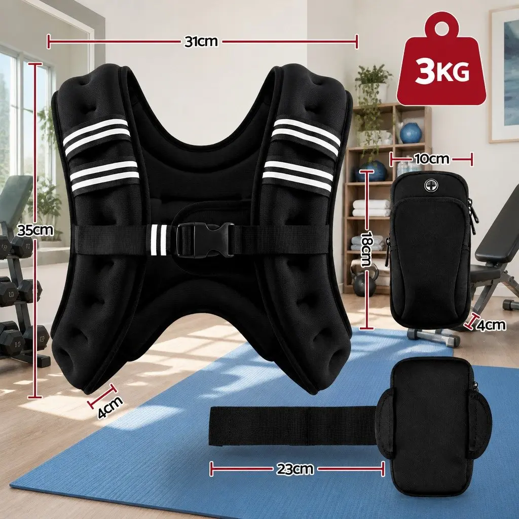 Weighted Vest Black 3kg Adjustable Reflective Safety Straps Smartphone Pouch
