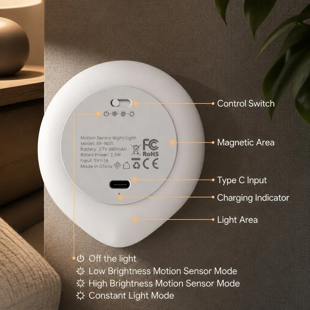 Motion Sensor Night Light White Compact USB-C Rechargeable Intelligent Infrared Motion Sensing