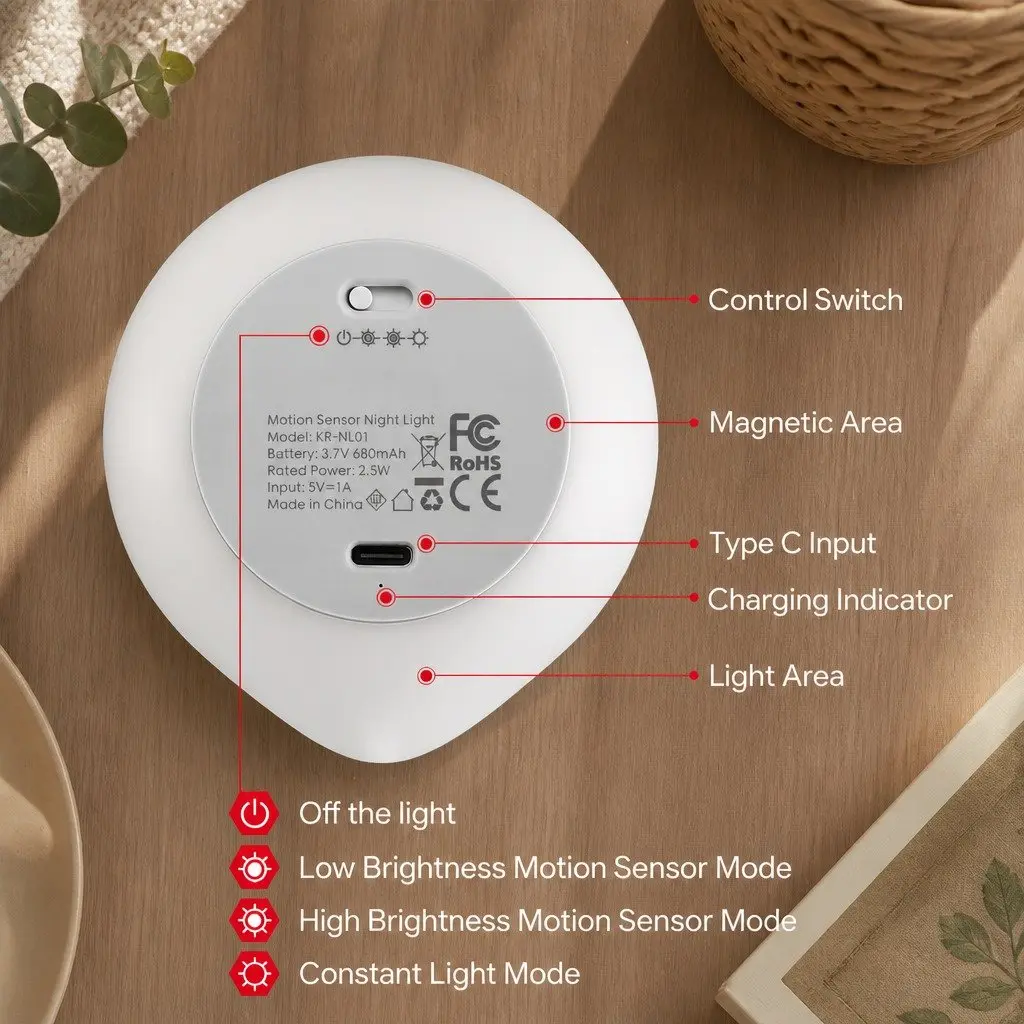 Motion Sensor Night Light White USB-C Rechargeable Magnetic Mount 2 Pack