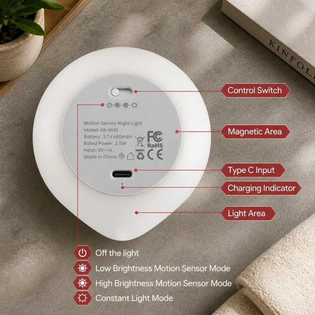Motion Sensor Night Light White 4 Pack USB-C Rechargeable Magnetic Mounting