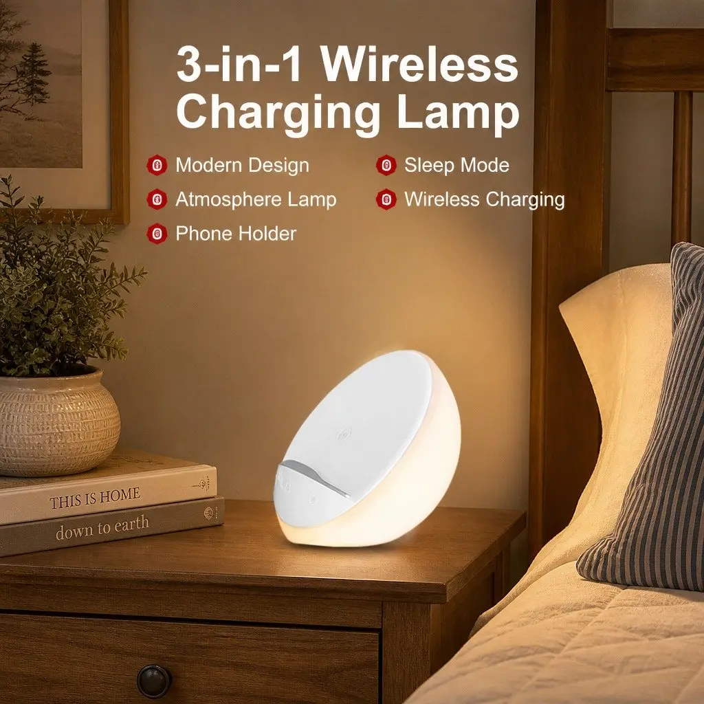 Table Lamp White 15x15x8.5cm 3-in-1 LED Wireless Charger Phone Holder Touch Control Dimmable