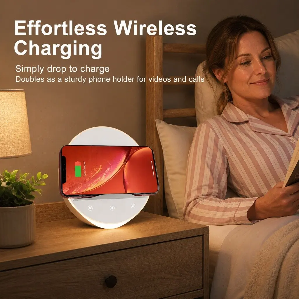 Table Lamp White 15x15x8.5cm 3-in-1 LED Wireless Charger Phone Holder Touch Control Dimmable