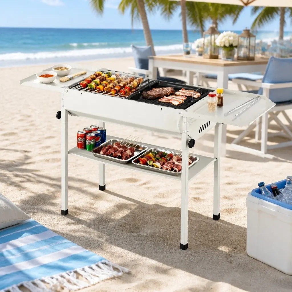 Portable BBQ Grill Beige Foldable Stainless Steel Griddle Outdoor Cooking