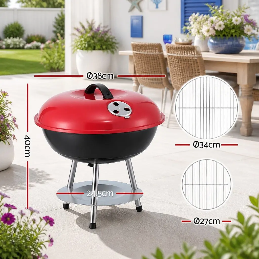 Charcoal BBQ Grill Black Red 34cm Portable Lightweight with Lid for Camping Outdoor