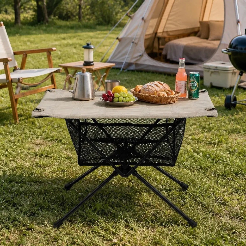 Folding Camping Table Black Khaki Compact Waterproof Sturdy Metal Frame with Carry Bag
