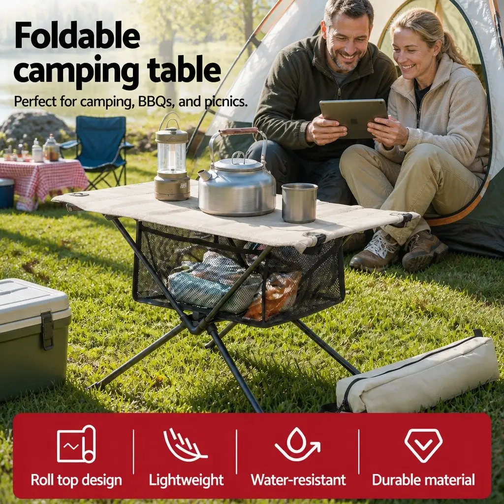 Folding Camping Table Black Khaki Compact Waterproof Sturdy Metal Frame with Carry Bag