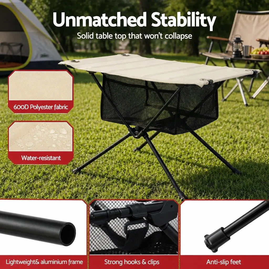 Folding Camping Table Black Khaki Compact Waterproof Sturdy Metal Frame with Carry Bag