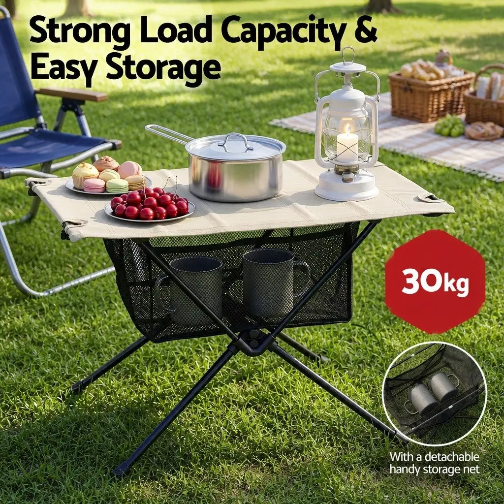 Folding Camping Table Black Khaki Compact Waterproof Sturdy Metal Frame with Carry Bag