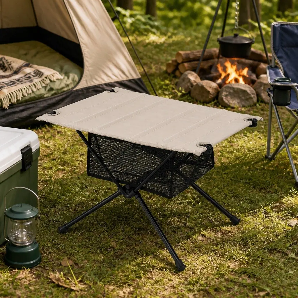 Folding Camping Table Black Khaki Compact Waterproof Sturdy Metal Frame with Carry Bag
