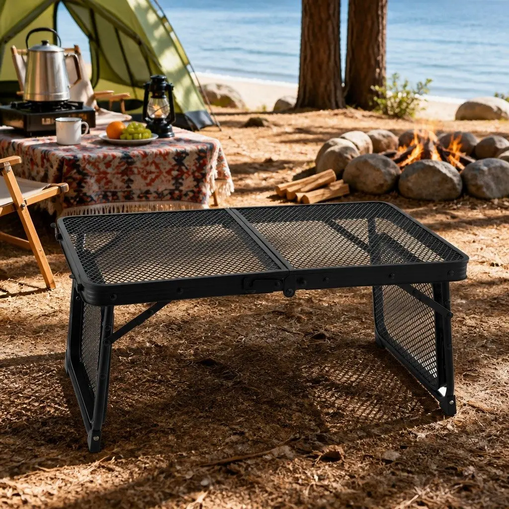 Folding Camping Table Black Lightweight Heat-Resistant Mesh Cooking Top