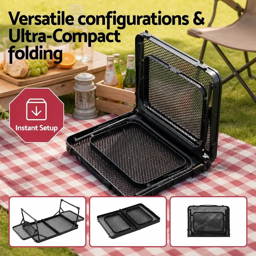 Folding Camping Table Black Lightweight Heat-Resistant Mesh Cooking Top