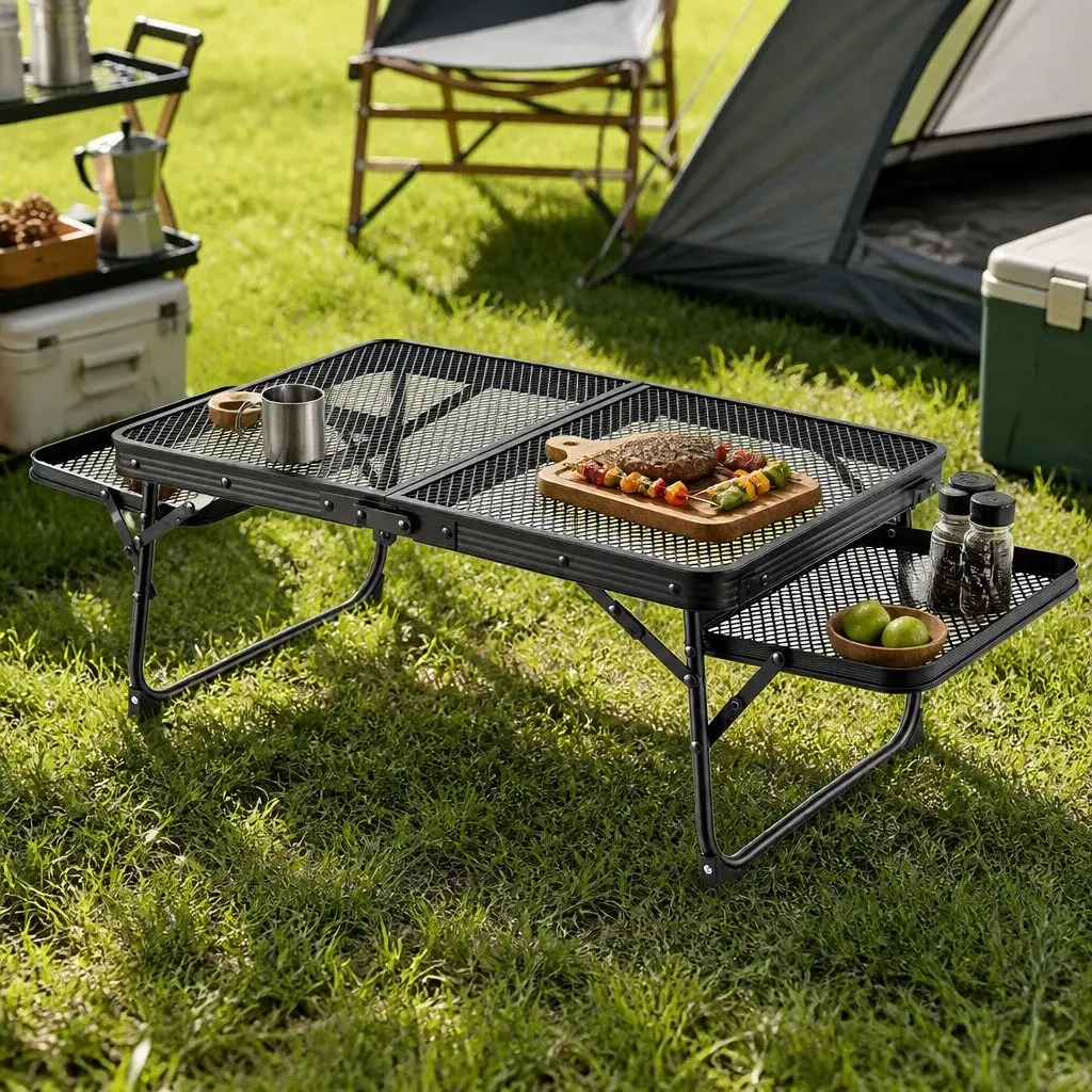 Folding Camping Table Black Lightweight Heat-Resistant Mesh Cooking Top