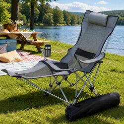 Outdoor Folding Camping Chair Adjustable Reclining Portable Grey With Footrest