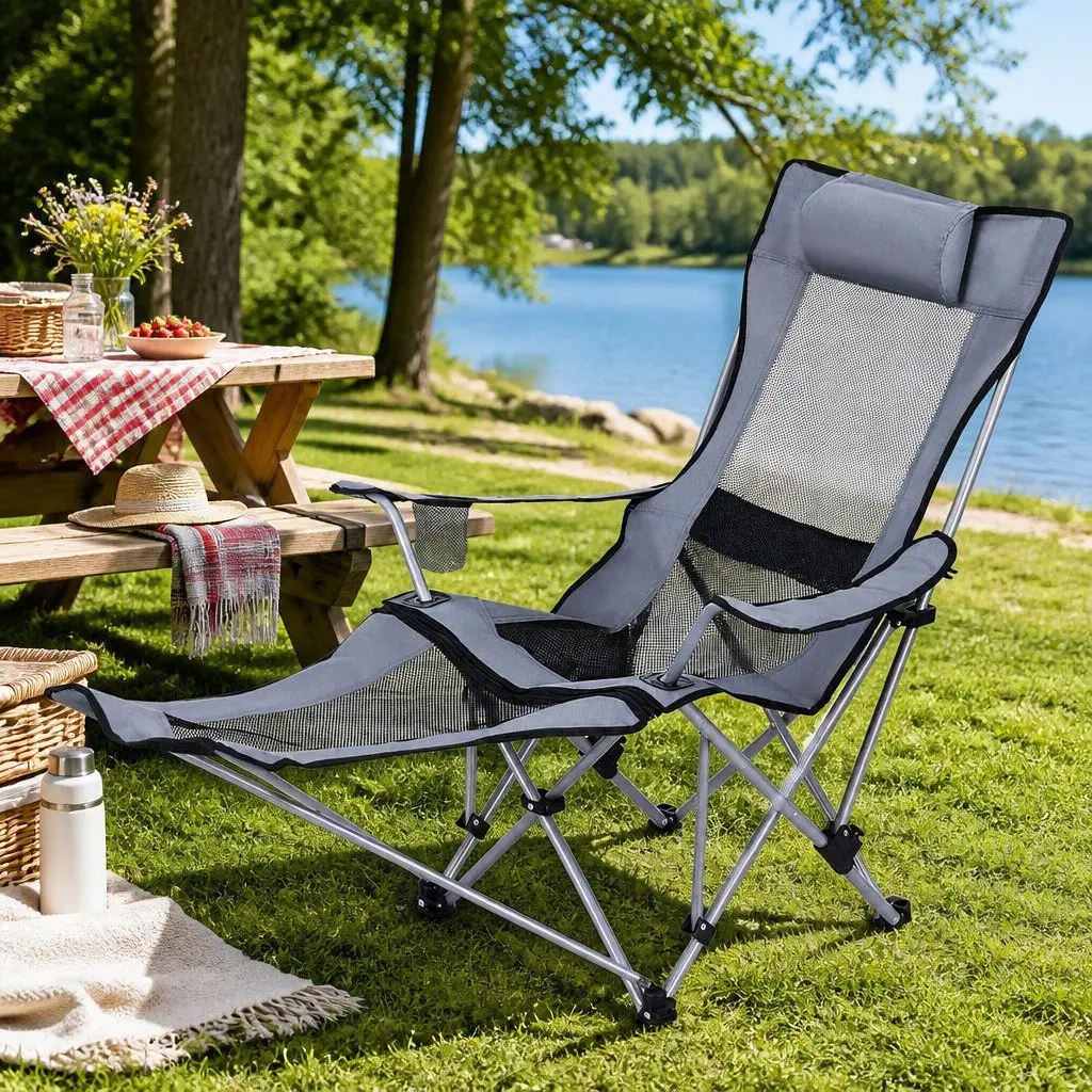 Outdoor Chair Grey Adjustable Reclining Portable with Footrest