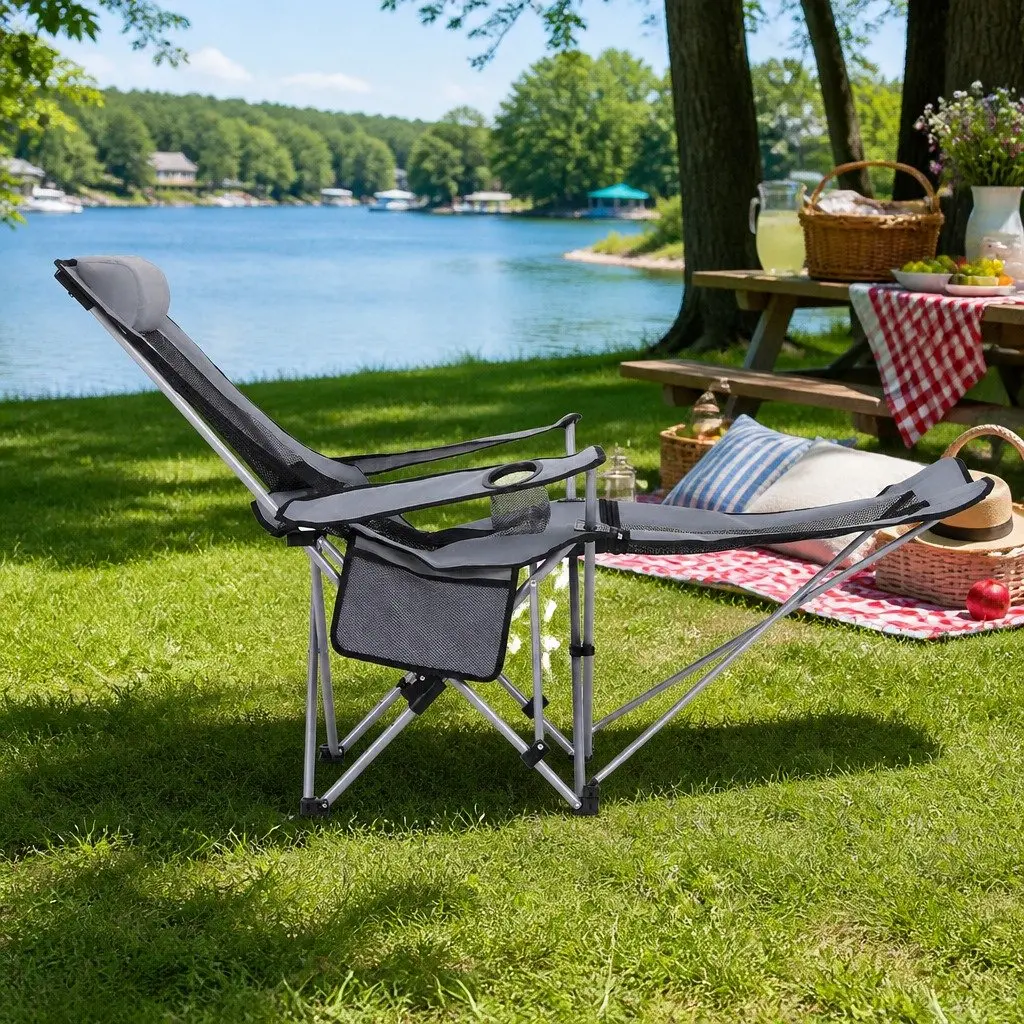 Outdoor Chair Grey Adjustable Reclining Portable with Footrest