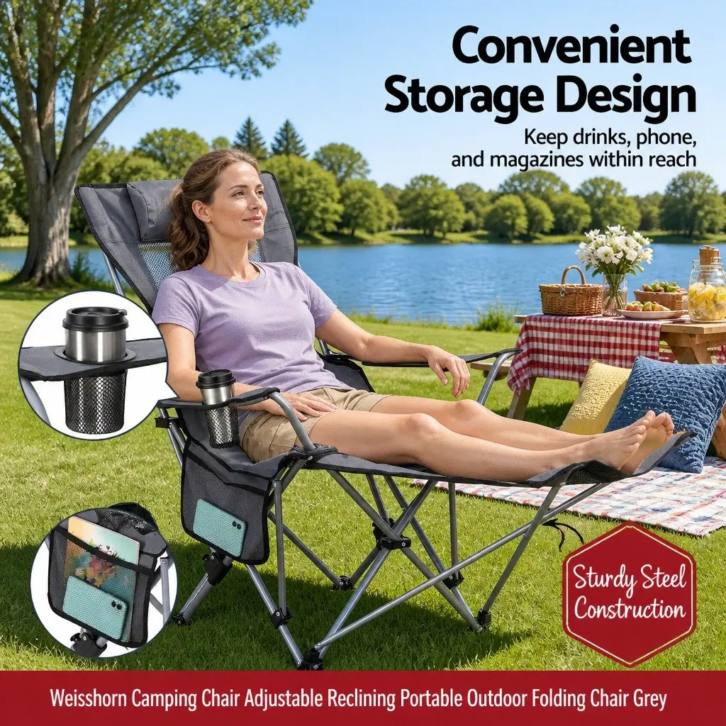 Outdoor Chair Grey Adjustable Reclining Portable with Footrest