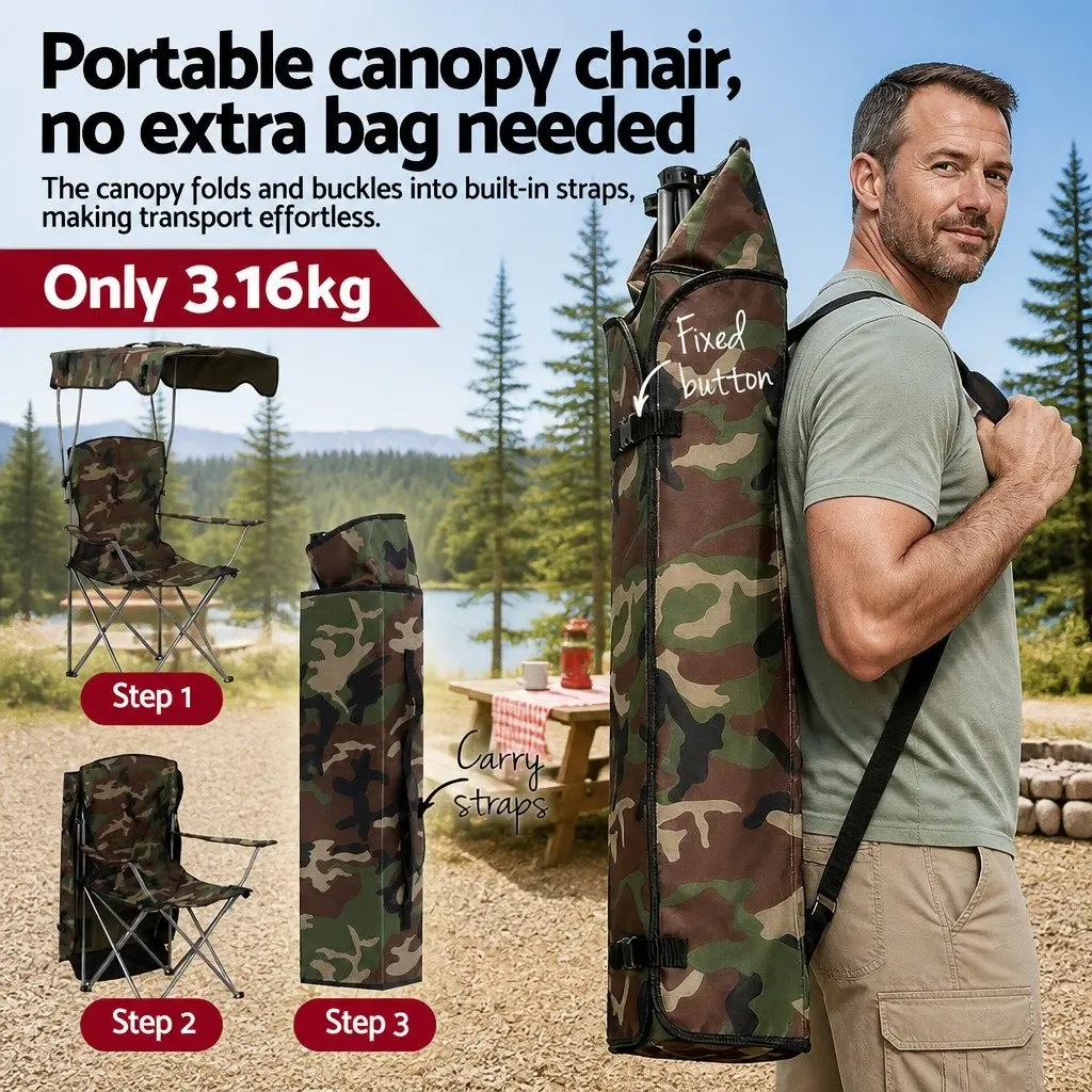 Camping Chair Army Green Lightweight Folding with Canopy