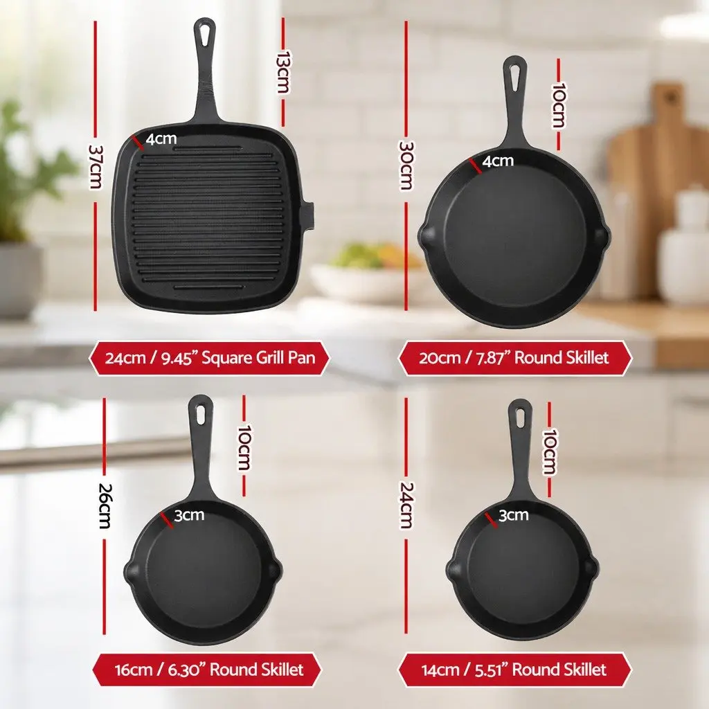 Cast Iron Frying Pan Skillet Set Black 14cm 16cm 20cm 24cm Induction Gas