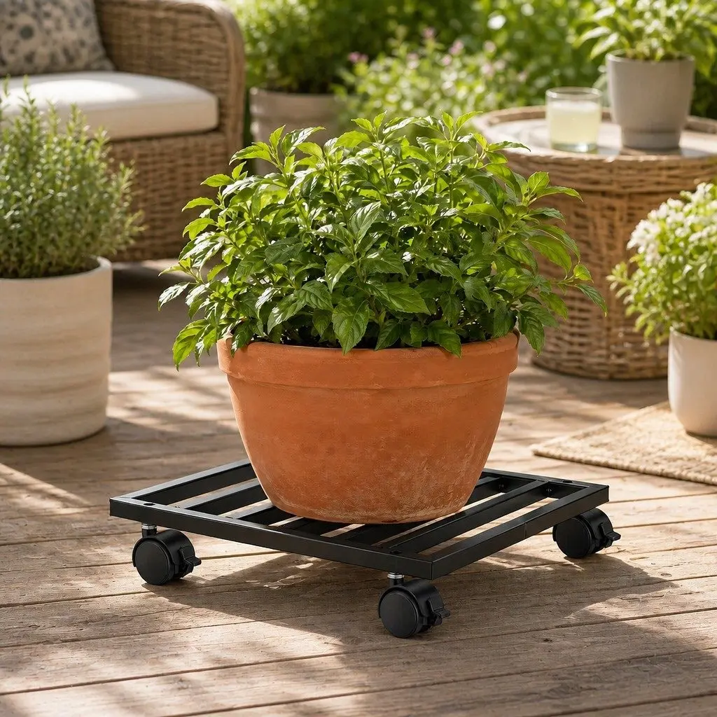 32cm Black Plant Pot Caddy Set