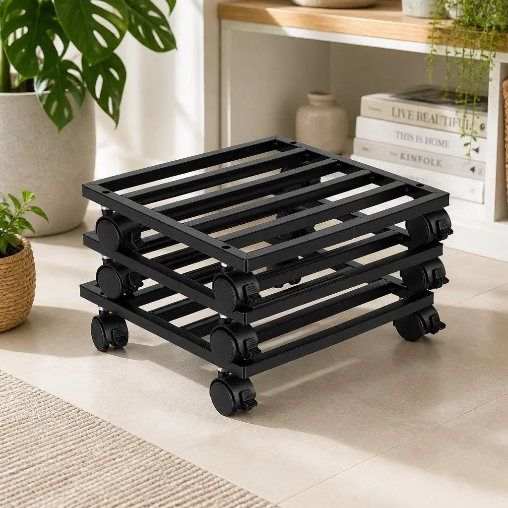 32cm Black Plant Pot Caddy Set