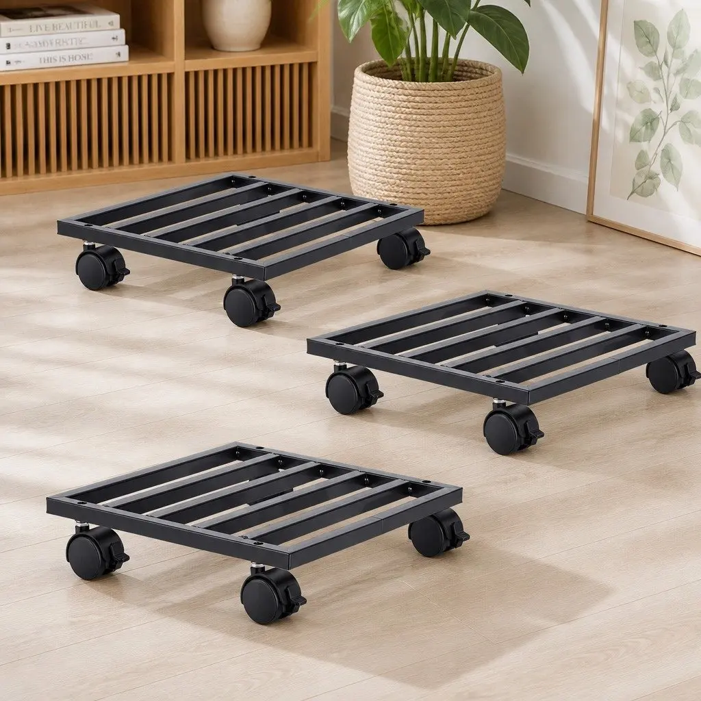 32cm Black Plant Pot Caddy Set