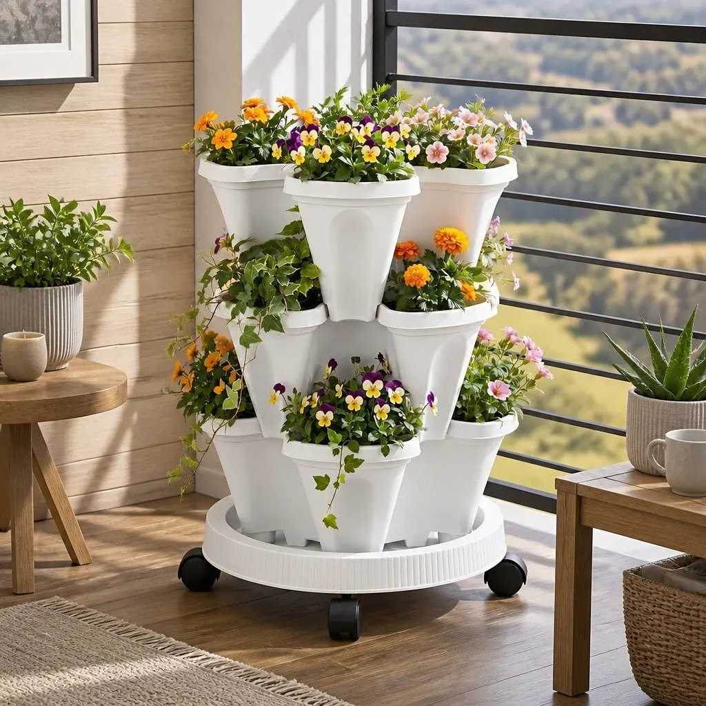Stackable Vertical Planter Tower 3 Tier Strawberry Herb Garden Pot Wheels White