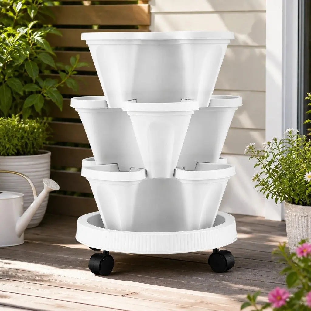 Stackable Vertical Planter Tower White 3 Tier Self-Watering Filtration System Mobile Wheels