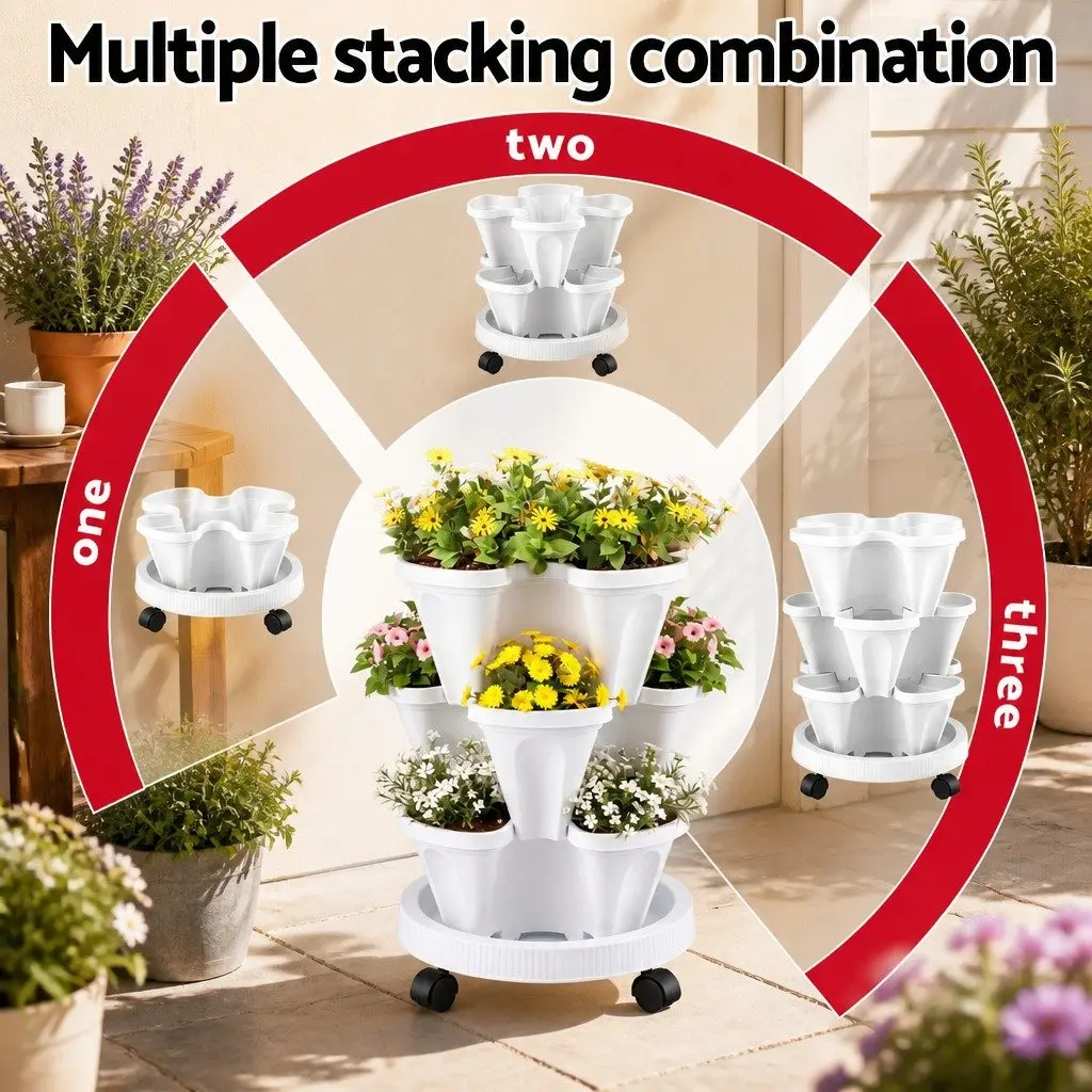 Stackable Vertical Planter Tower White 3 Tier Self-Watering Filtration System Mobile Wheels