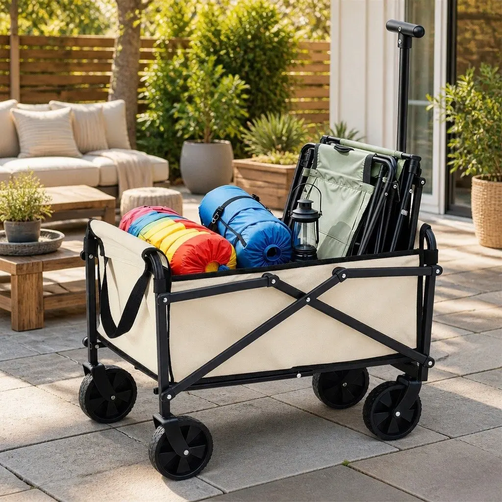 Folding Garden Cart Beige Steel 360° Rotating All-Terrain Wheels Removable Oxford Cloth Bag