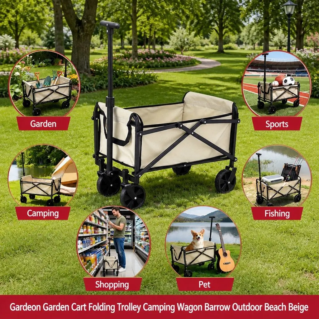 Folding Garden Cart Beige Steel 360° Rotating All-Terrain Wheels Removable Oxford Cloth Bag