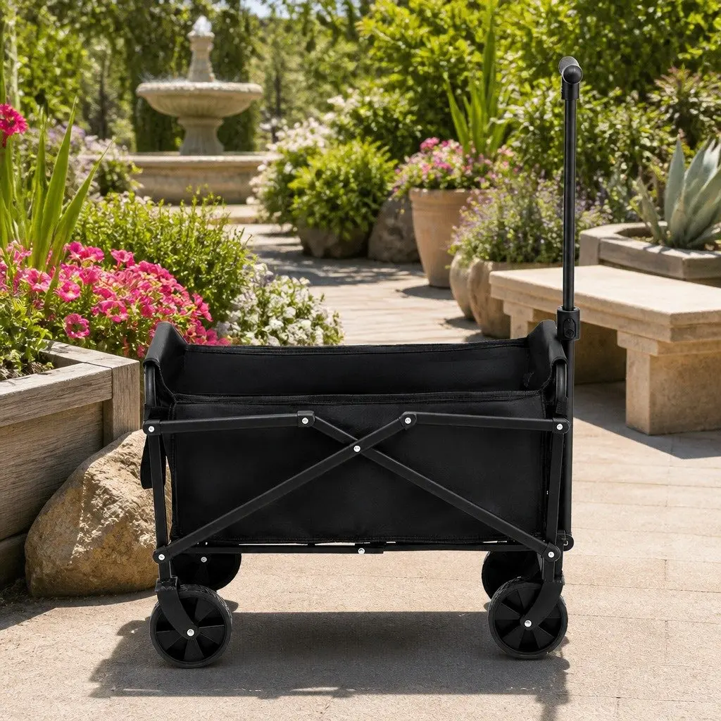 Folding Garden Cart Black Steel 360° Rotating All Terrain Wheels Adjustable Handle