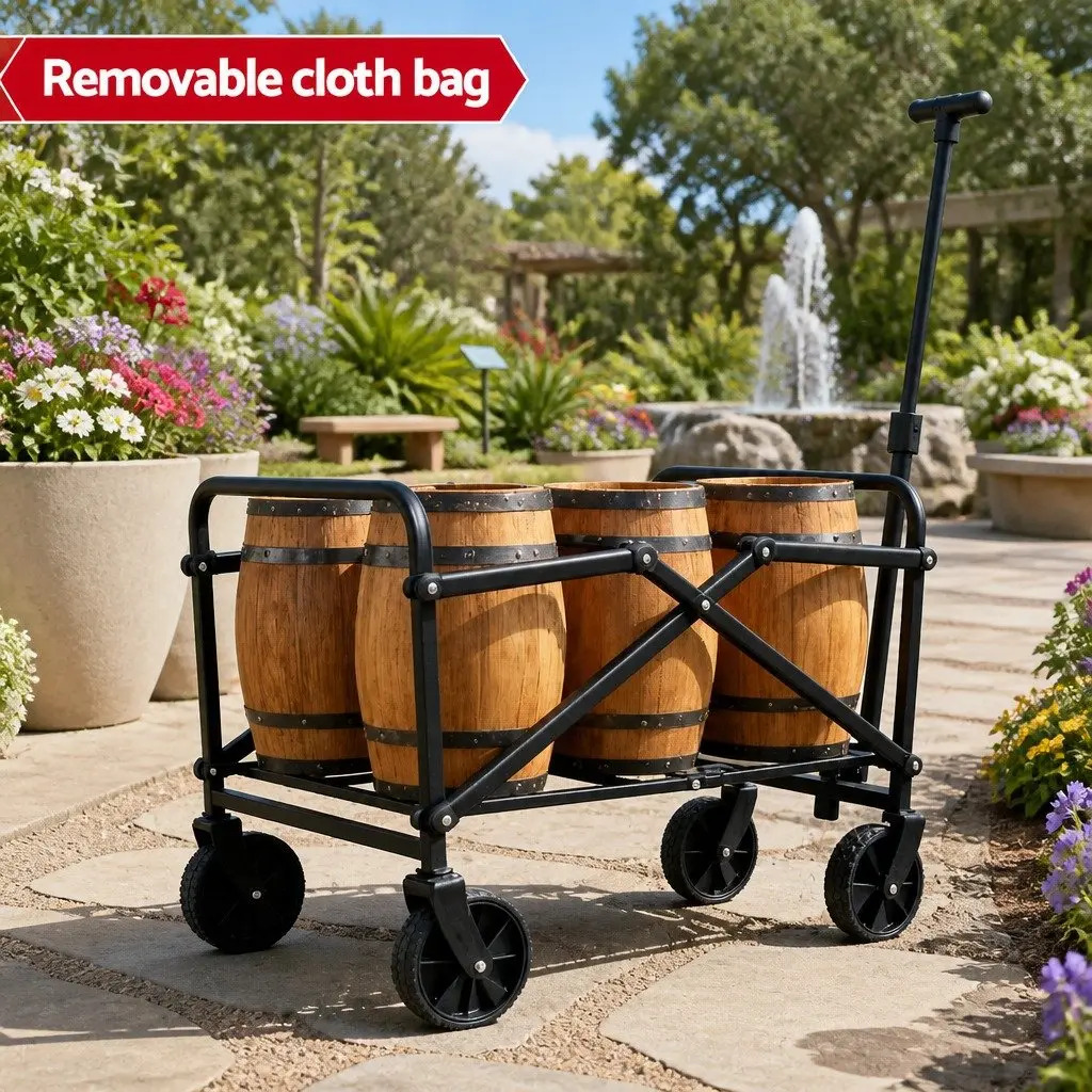 Folding Garden Cart Black Steel 360° Rotating All Terrain Wheels Adjustable Handle