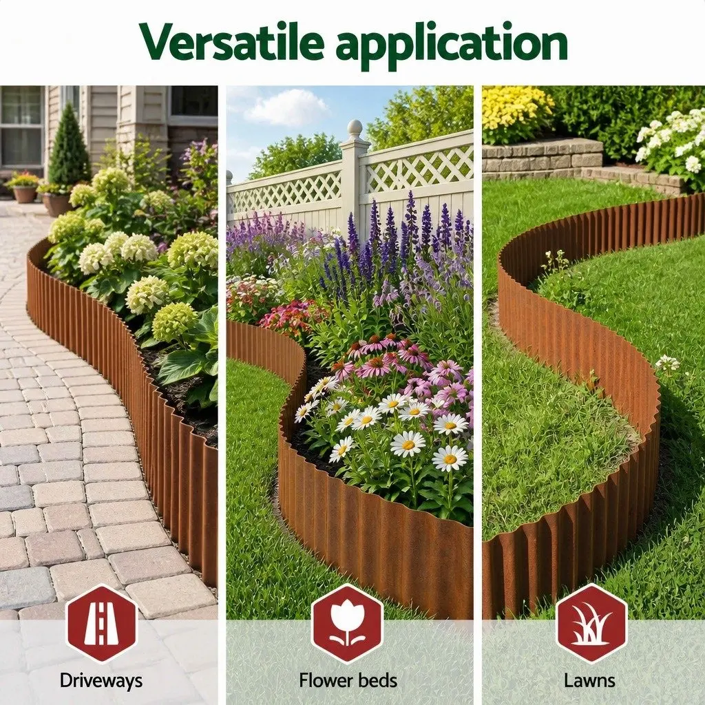Garden Edging Rust 10ft Flexible Metal Border Corrugated Steel Lawn Strip