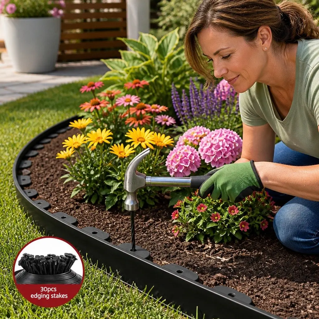 Garden Edging Black 33ft Flexible Plastic Lawn Border 30 Piece