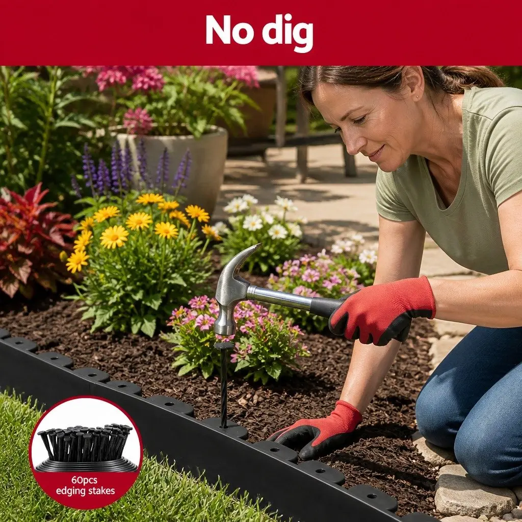 Garden Edging Black 60ft Flexible Plastic Lawn Border 30 Pieces