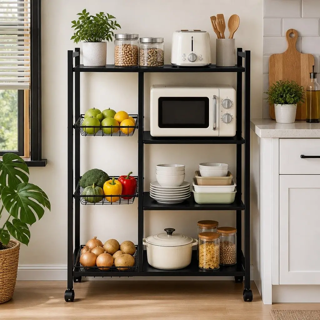 4-Tier Kitchen Storage Shelf Dark Grey with Lockable Wheels and Adjustable Shelves
