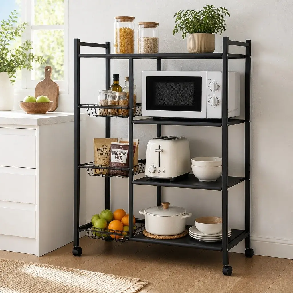 4-Tier Kitchen Storage Shelf Dark Grey with Lockable Wheels and Adjustable Shelves
