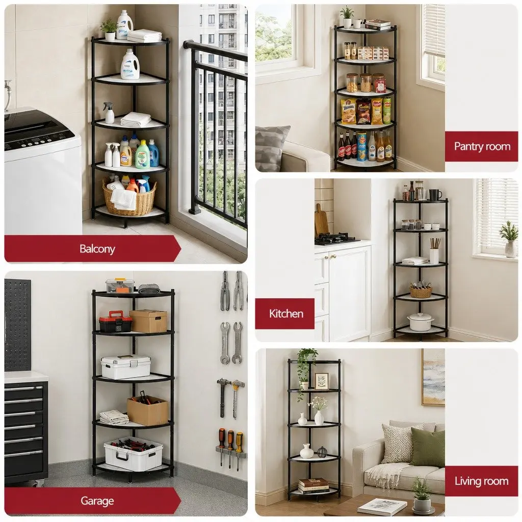 5-Tier Corner Shelf Black Metal Freestanding Organizer Tool-Free Assembly